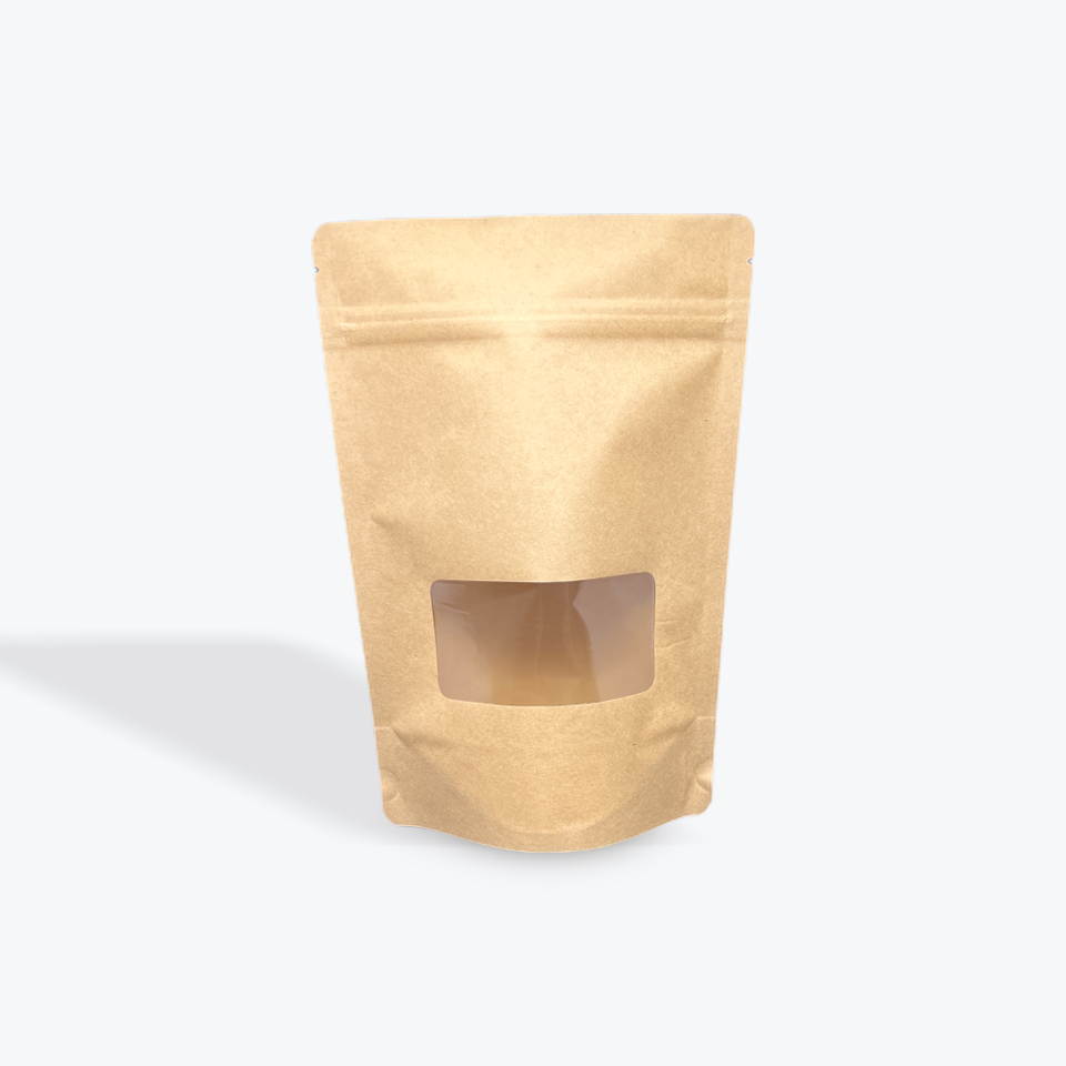 4 oz Kraft Paper Stand Up Pouches with Window - 500 Pack - 5" x 8" x (1.5" + 1.5")