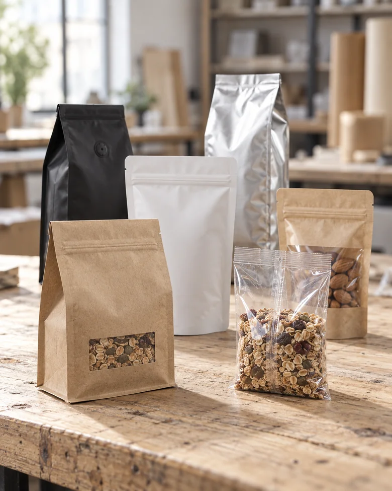 A row of stand-up pouches on a workshop bench