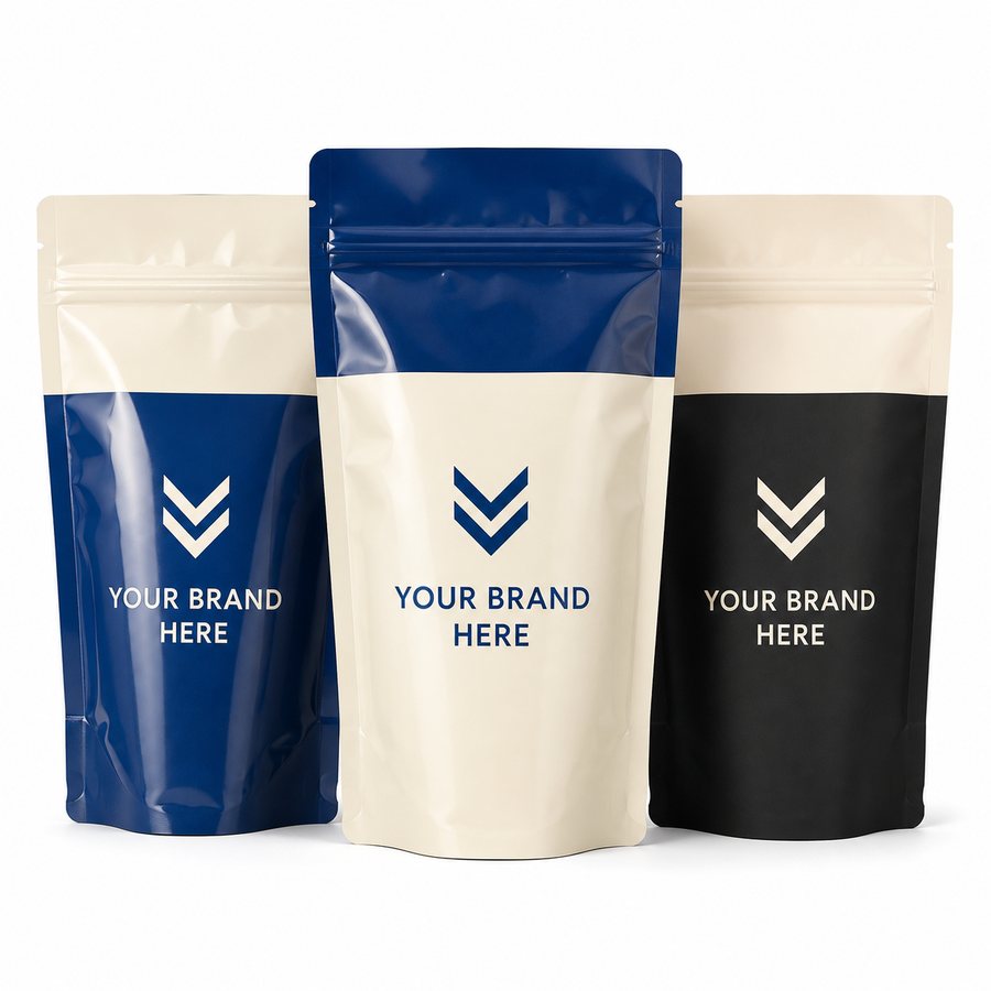 Custom-printed stand-up pouches in three colorways