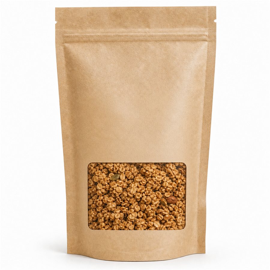 Kraft stand-up pouch with a large clear window showing granola
