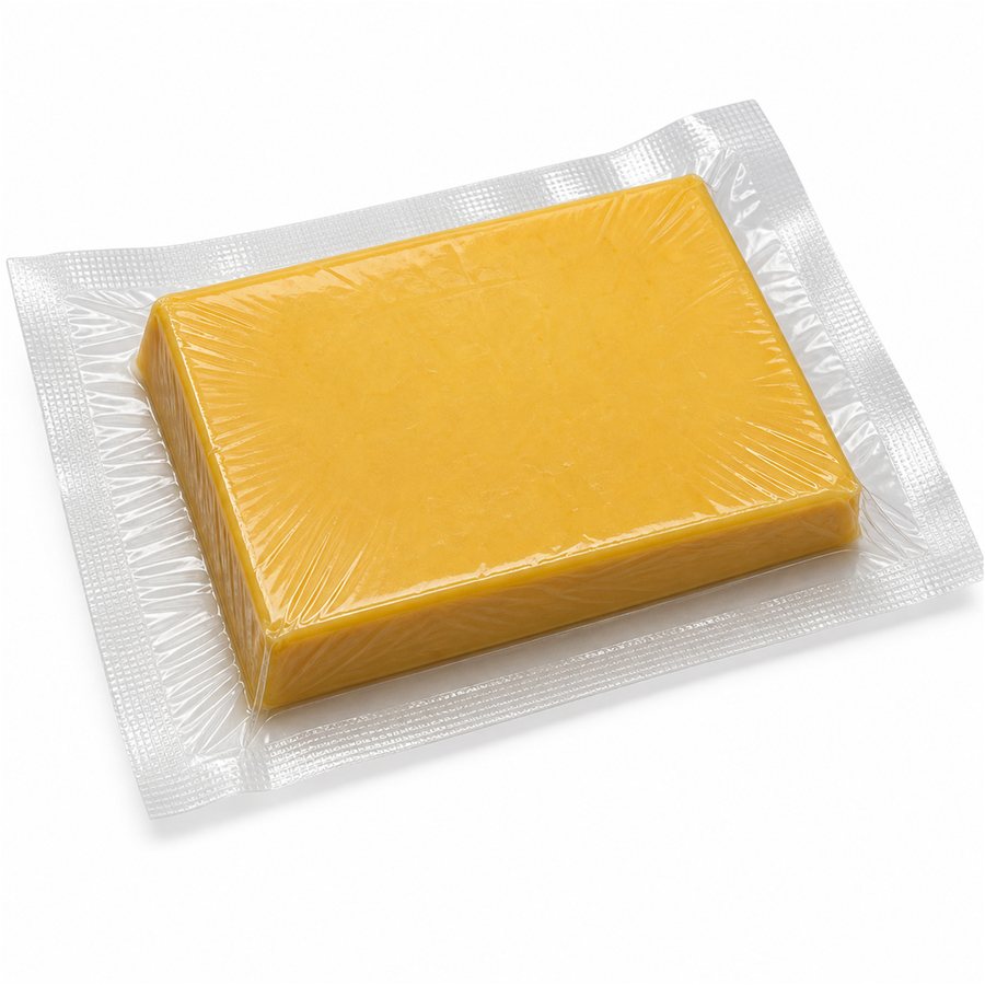 Vacuum-sealed block of cheese in clear barrier film